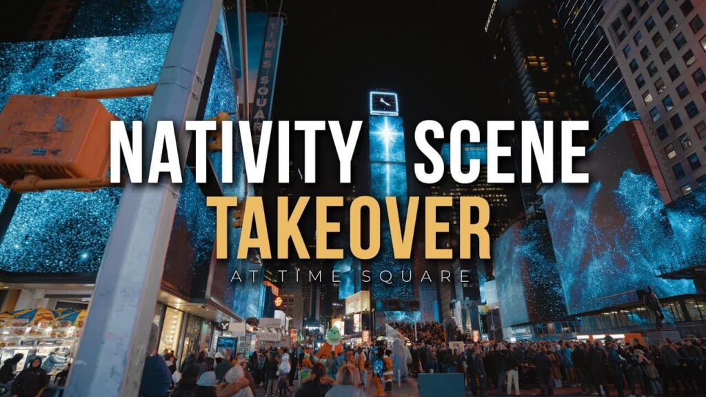 Thumbnail of youtube video about the nativity scene takeover at time square