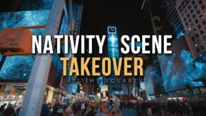 Thumbnail of youtube video about the nativity scene takeover at time square